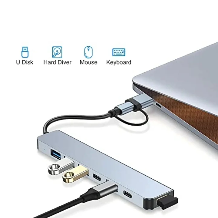 Çoklayıcı Adaptör 7in1 USB/Type-c To USB A, USB C Macbook uyumlu Çevirici Adaptör Çok Portlu Çoklayıcı 7 in 1 USB HUB (Gri)