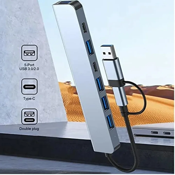 Çoklayıcı Adaptör 7in1 USB/Type-c To USB A, USB C Macbook uyumlu Çevirici Adaptör Çok Portlu Çoklayıcı 7 in 1 USB HUB (Gri)
