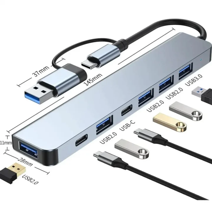 Çoklayıcı Adaptör 7in1 USB/Type-c To USB A, USB C Macbook uyumlu Çevirici Adaptör Çok Portlu Çoklayıcı 7 in 1 USB HUB (Gri)