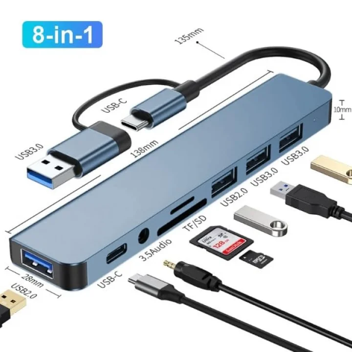 Çoklayıcı Adaptör 8 in 1 USB/Type-c To USB A, USB C Macbook uyumlu Çevirici Adaptör Çok Portlu Çoklayıcı 8in1 USB HUB Titanyum Renk BYL2218TU