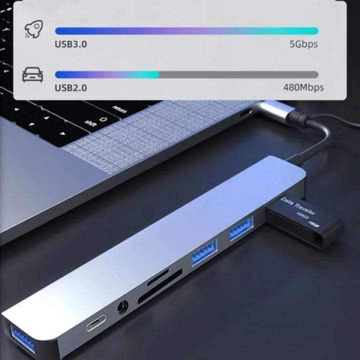 Çoklayıcı Adaptör 8 in 1 USB/Type-c To USB A, USB C Macbook uyumlu Çevirici Adaptör Çok Portlu Çoklayıcı 8in1 USB HUB Titanyum Renk BYL2218TU