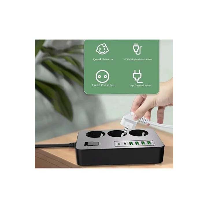 Çoklu Priz 3 AC Soket + 5 USB (2 USB-C, 3 USB-A) - 2 Metre Kablo, Çocuk Korumalı, 3000W Güç, Isıya Dayanıklı, Anahtarlı Uzatma Kablosu