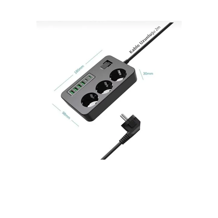 Çoklu Priz 3 AC Soket + 5 USB (2 USB-C, 3 USB-A) - 2 Metre Kablo, Çocuk Korumalı, 3000W Güç, Isıya Dayanıklı, Anahtarlı Uzatma Kablosu