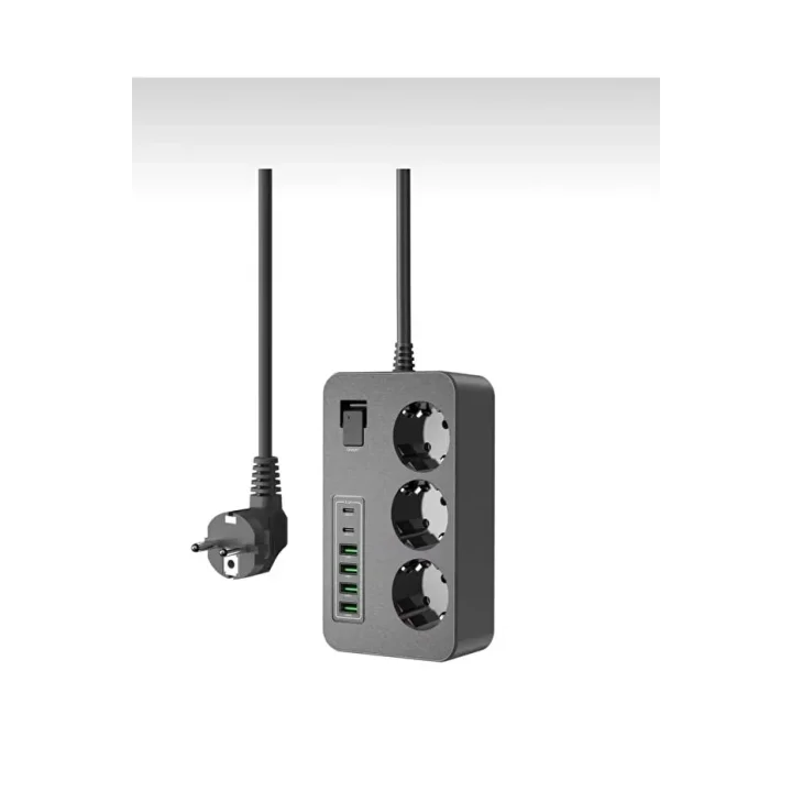 Çoklu Priz 3 AC Soket + 5 USB (2 USB-C, 3 USB-A) - 2 Metre Kablo, Çocuk Korumalı, 3000W Güç, Isıya Dayanıklı, Anahtarlı Uzatma Kablosu
