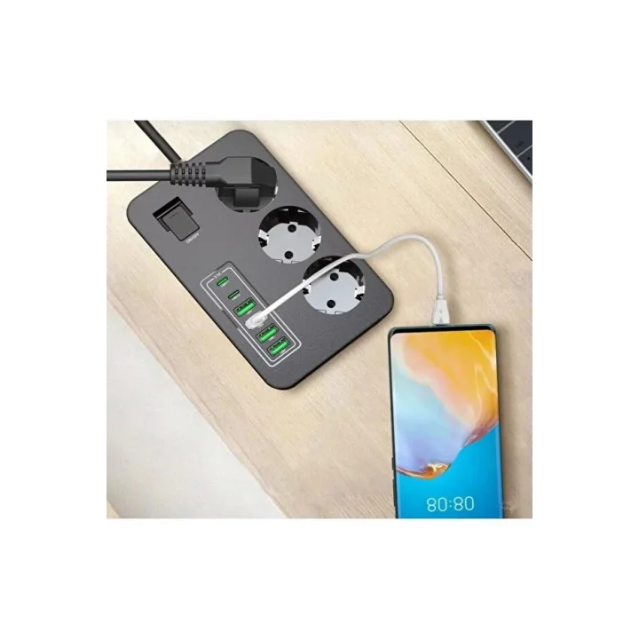 Çoklu Priz 3 AC Soket + 5 USB (2 USB-C, 3 USB-A) - 2 Metre Kablo, Çocuk Korumalı, 3000W Güç, Isıya Dayanıklı, Anahtarlı Uzatma Kablosu