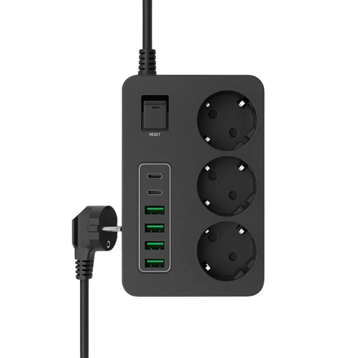 Çoklu Priz 3 AC Soket + 5 USB (2 USB-C, 3 USB-A) - 2 Metre Kablo, Çocuk Korumalı, 3000W Güç, Isıya Dayanıklı, Anahtarlı Uzatma Kablosu