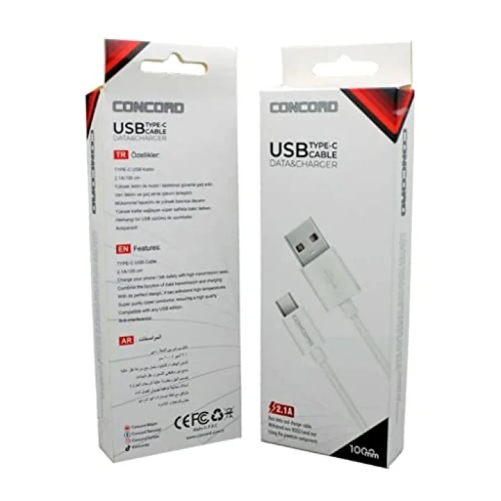 Concord C-821 2.1A 100 CM Type-C Şarj ve Data Kablosu Beyaz - Akıllı Telefonlar ve Tabletler İçin