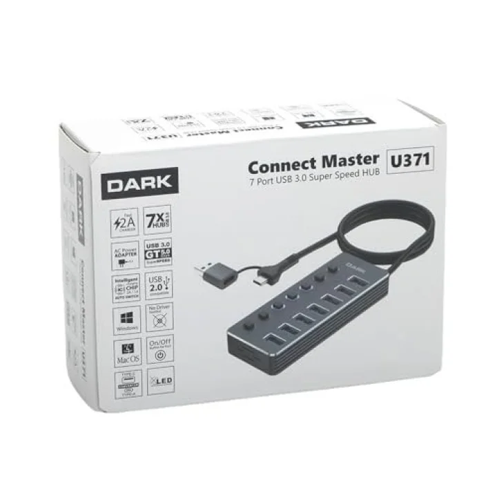 Connect Master 7+1 Hızlı Şarj Adaptörlü USB Hub, USB 3.0