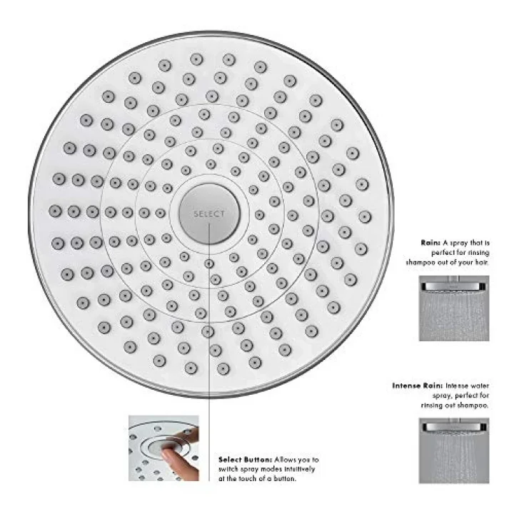 Croma Select S 17,78 cm Su Tasarruflu Düşük Akışlı Duş Başlığı Modern 2-Sprey Yağmur, QuickClean Krom Yoğun Yağmur, 04388000