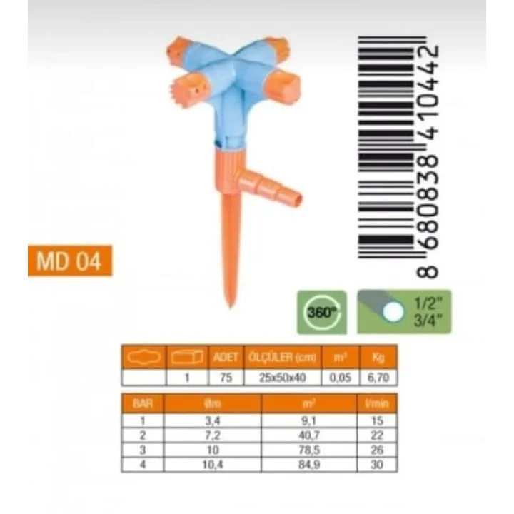 Dairesel Dönerli Bahçe Sulama Fıskiye - Normal 4lü Sprink