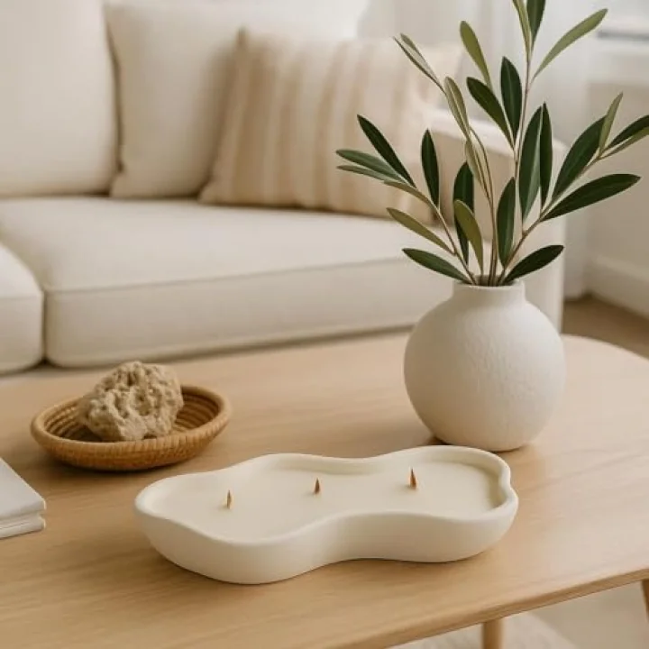 Dalgalı Kenarlı Beton Kapta Üç Ahşap Fitilli Mum, El Yapımı Dekoratif, Kokulu Soya Mumu