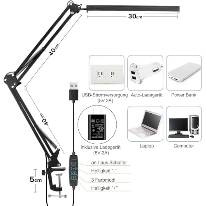 Dekoratif Led Masa Lambası SY040 USB Kablolu Kademeli 3 Eklemli LED Masa Lambası, Kıskaçlı Model Çalışma Masası Lambası Kitap Okuma için Işık (SY040 - Siyah)