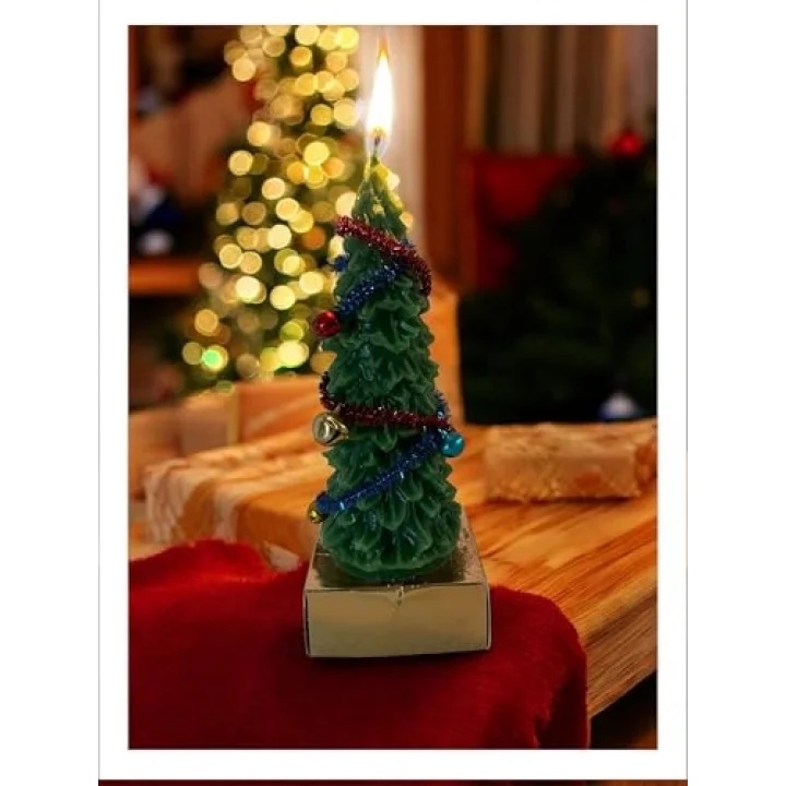 Dekoratif Noel Ağacı Mumu, El Yapımı Yeşil Balmumu, Tinsel ve Süslemeli, Yılbaşı Temalı, 15 cm