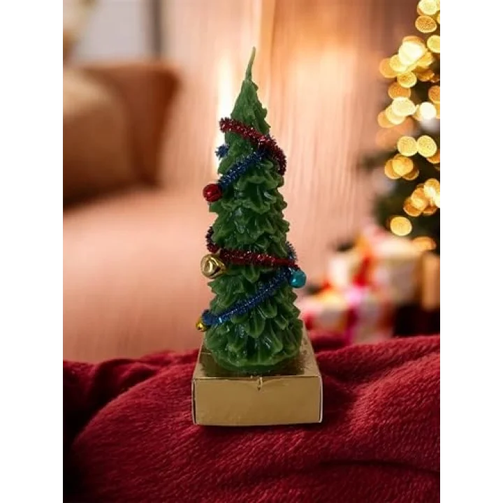 Dekoratif Noel Ağacı Mumu, El Yapımı Yeşil Balmumu, Tinsel ve Süslemeli, Yılbaşı Temalı, 15 cm