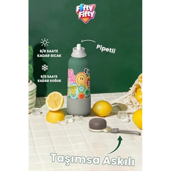 Desenli 550 ML Pipetli Sızdırmaz Paslanmaz Çelik Termos Matara El Askılı bpa içermez 550ml 1105FF Sarı