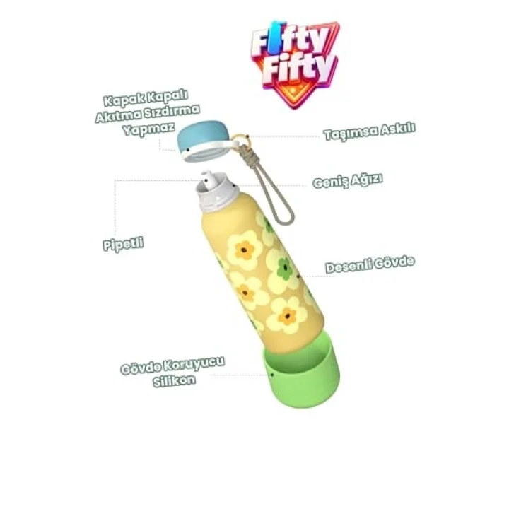 Desenli 550 ML Pipetli Sızdırmaz Paslanmaz Çelik Termos Matara El Askılı bpa içermez 550ml 1105FF Sarı