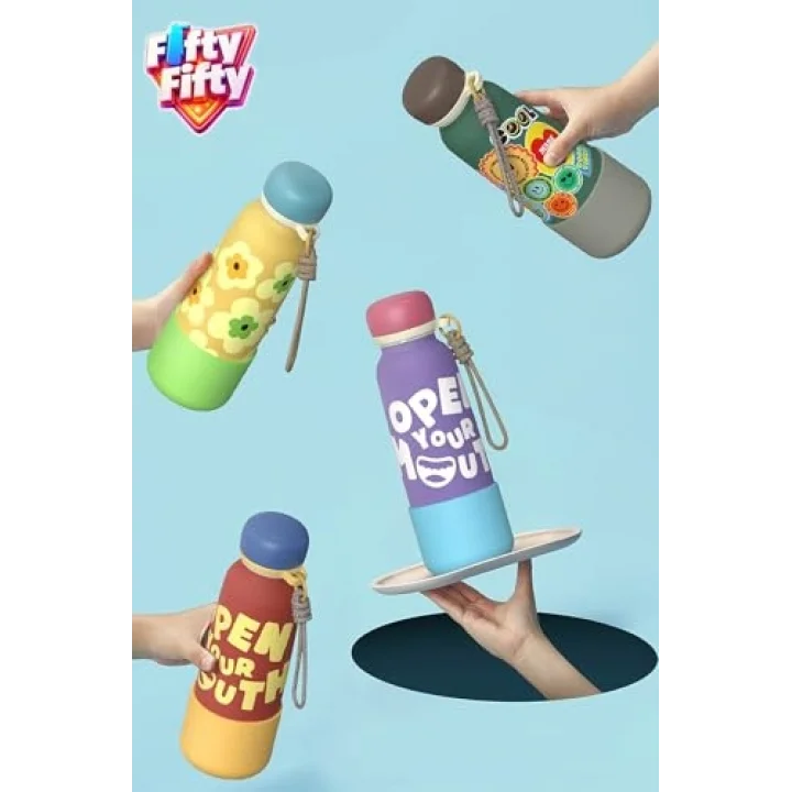 Desenli 550 ML Pipetli Sızdırmaz Paslanmaz Çelik Termos Matara El Askılı bpa içermez 550ml 1105FF Sarı