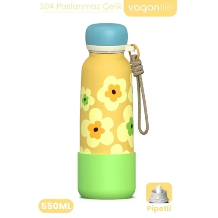 Desenli 550 ML Pipetli Sızdırmaz Paslanmaz Çelik Termos Matara El Askılı bpa içermez 550ml 1105FF Sarı