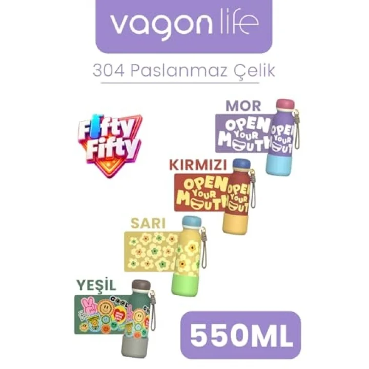 Desenli 550 ML Pipetli Sızdırmaz Paslanmaz Çelik Termos Matara El Askılı bpa içermez 550ml 1105FF Sarı