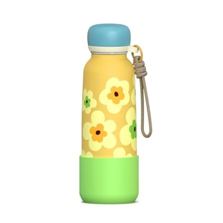 Desenli 550 ML Pipetli Sızdırmaz Paslanmaz Çelik Termos Matara El Askılı bpa içermez 550ml 1105FF Sarı