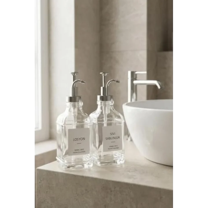 Digithome 2’li Cam Sıvı Sabun ve Losyon Etiketli Gümüş Tıpalı Deterjan Şişesi Sabunluk 500 Ml - 2112020-S C1-1-289