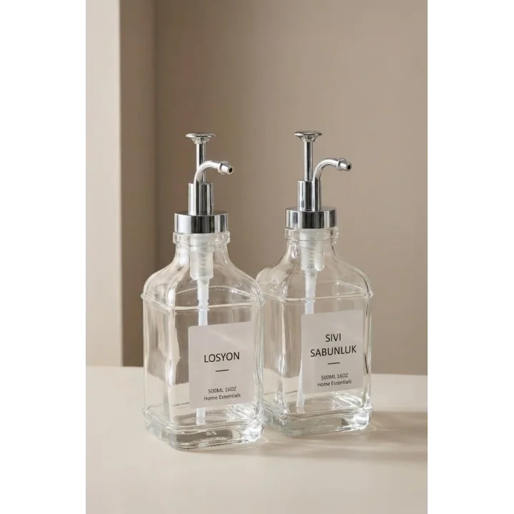 Digithome 2’li Cam Sıvı Sabun ve Losyon Etiketli Gümüş Tıpalı Deterjan Şişesi Sabunluk 500 Ml - 2112020-S C1-1-289
