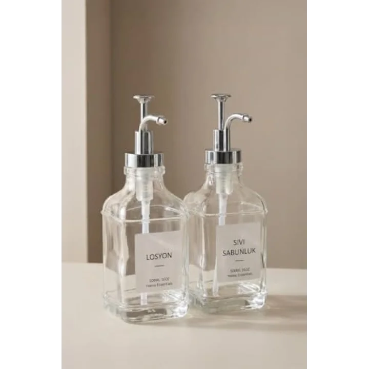 Digithome 2’li Cam Sıvı Sabun ve Losyon Etiketli Gümüş Tıpalı Deterjan Şişesi Sabunluk 500 Ml - 2112020-S C1-1-289