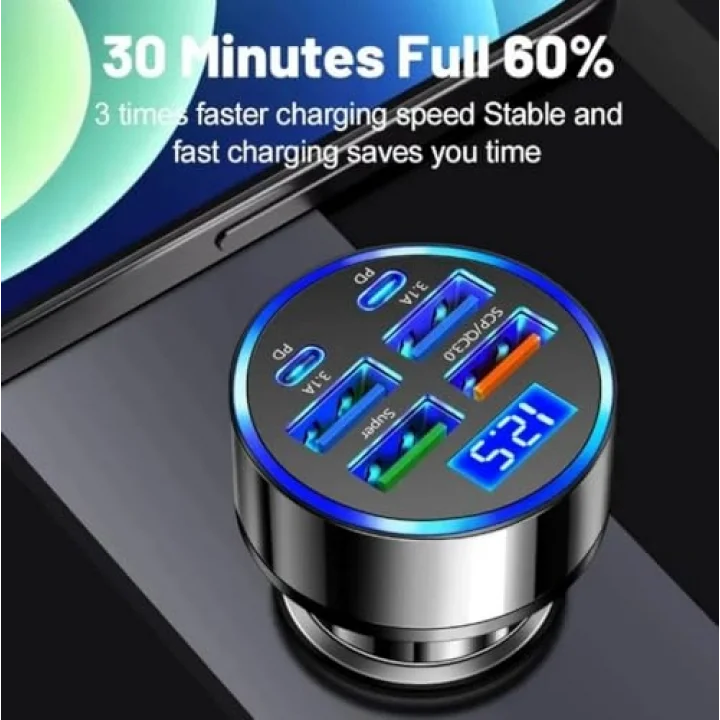 Dijital Ekran Araç Şarj Cihazı 4 USB, 3.1A, QC9.0, 55W, Hızlı Şarj, PD
