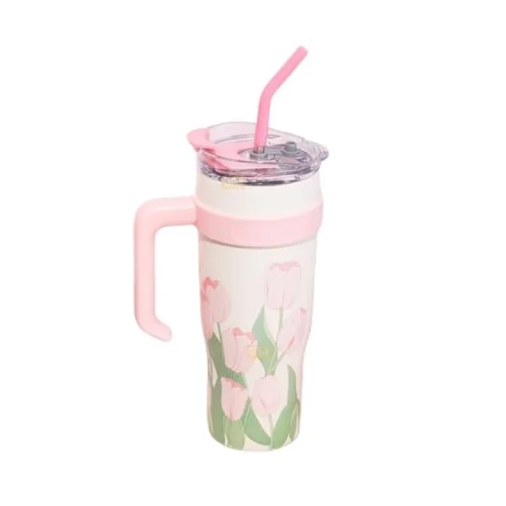 Diller 1200ml Pembe Lale Desenli Tumbler Pipetli/Pipetsiz Kulplu Paslanmaz Çelik Termos