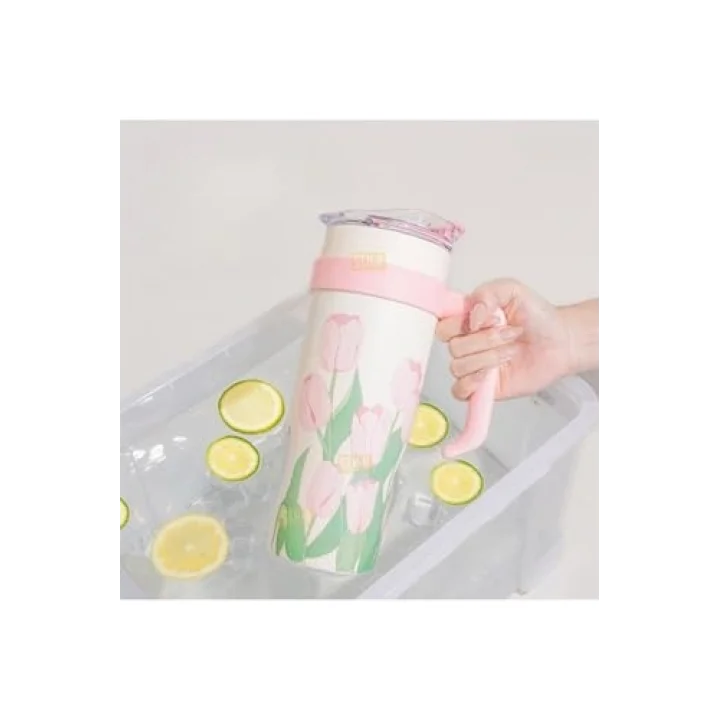 Diller 1200ml Pembe Lale Desenli Tumbler Pipetli/Pipetsiz Kulplu Paslanmaz Çelik Termos