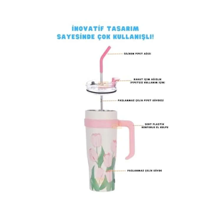 Diller 1200ml Pembe Lale Desenli Tumbler Pipetli/Pipetsiz Kulplu Paslanmaz Çelik Termos