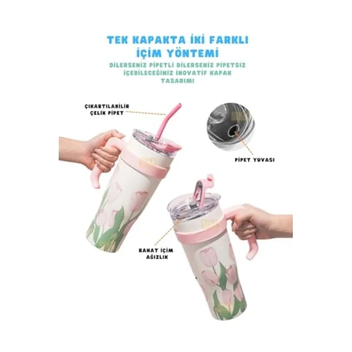 Diller 1200ml Pembe Lale Desenli Tumbler Pipetli/Pipetsiz Kulplu Paslanmaz Çelik Termos