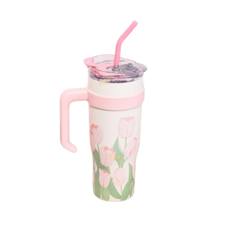 Diller 1200ml Pembe Lale Desenli Tumbler Pipetli/Pipetsiz Kulplu Paslanmaz Çelik Termos