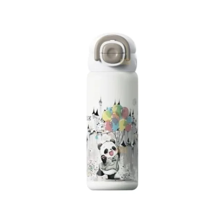 Diller 600ml Sevimli Hayvanlar Desenli Pipetli/Pipetsiz El Askılı Paslanmaz Çelik Termos (Panda)