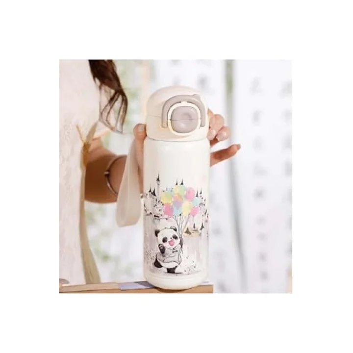 Diller 600ml Sevimli Hayvanlar Desenli Pipetli/Pipetsiz El Askılı Paslanmaz Çelik Termos (Panda)