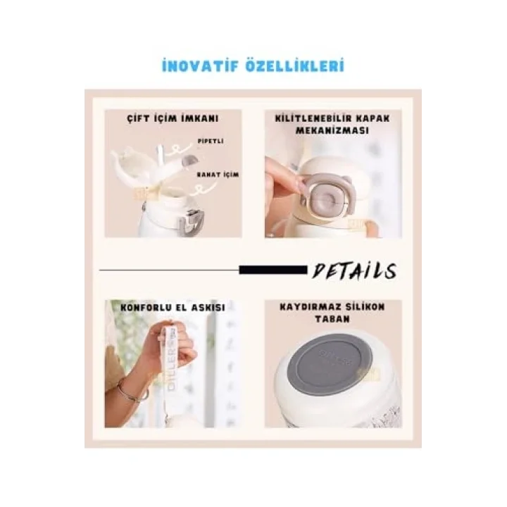 Diller 600ml Sevimli Hayvanlar Desenli Pipetli/Pipetsiz El Askılı Paslanmaz Çelik Termos (Panda)