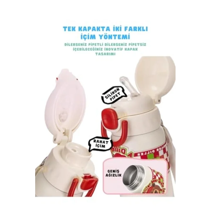 Diller 600ml Sevimli Hayvanlar Desenli Pipetli/Pipetsiz El Askılı Paslanmaz Çelik Termos (Panda)