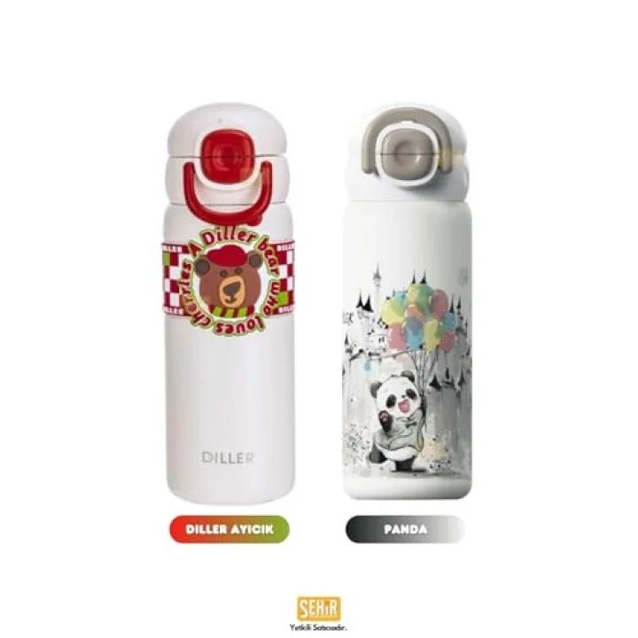 Diller 600ml Sevimli Hayvanlar Desenli Pipetli/Pipetsiz El Askılı Paslanmaz Çelik Termos (Panda)