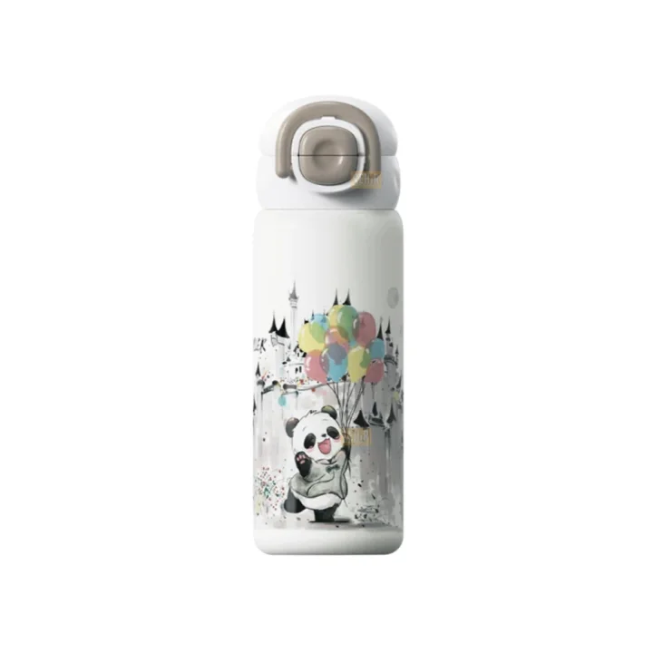 Diller 600ml Sevimli Hayvanlar Desenli Pipetli/Pipetsiz El Askılı Paslanmaz Çelik Termos (Panda)