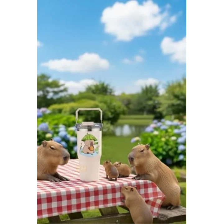 Diller 950ml Sevimli Kapibara Tumbler Pipetli/Pipetsiz Kullanım Kulplu Paslanmaz Çelik Capybara Termos