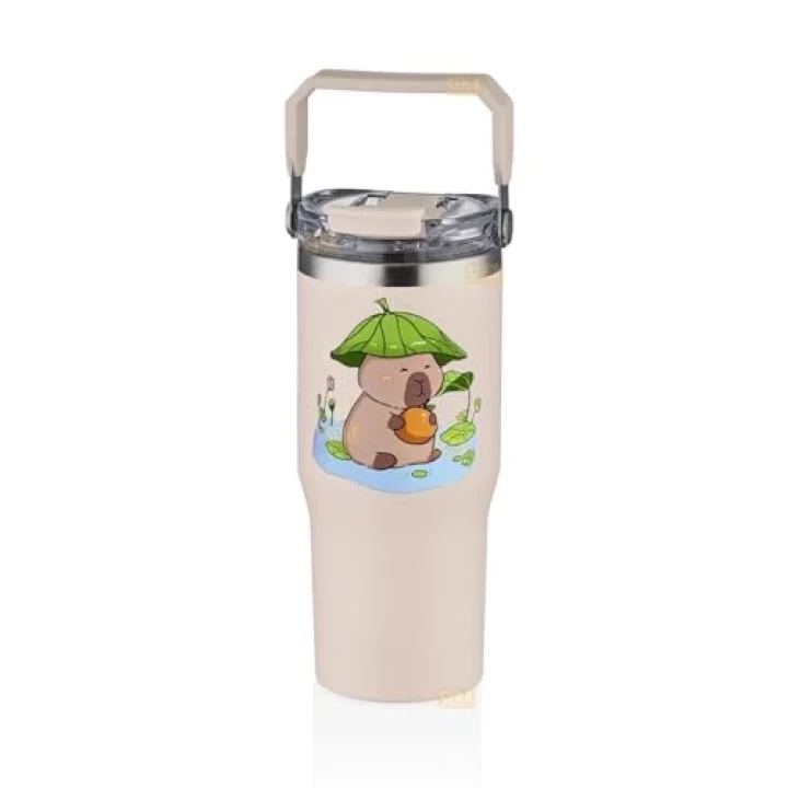 Diller 950ml Sevimli Kapibara Tumbler Pipetli/Pipetsiz Kullanım Kulplu Paslanmaz Çelik Capybara Termos