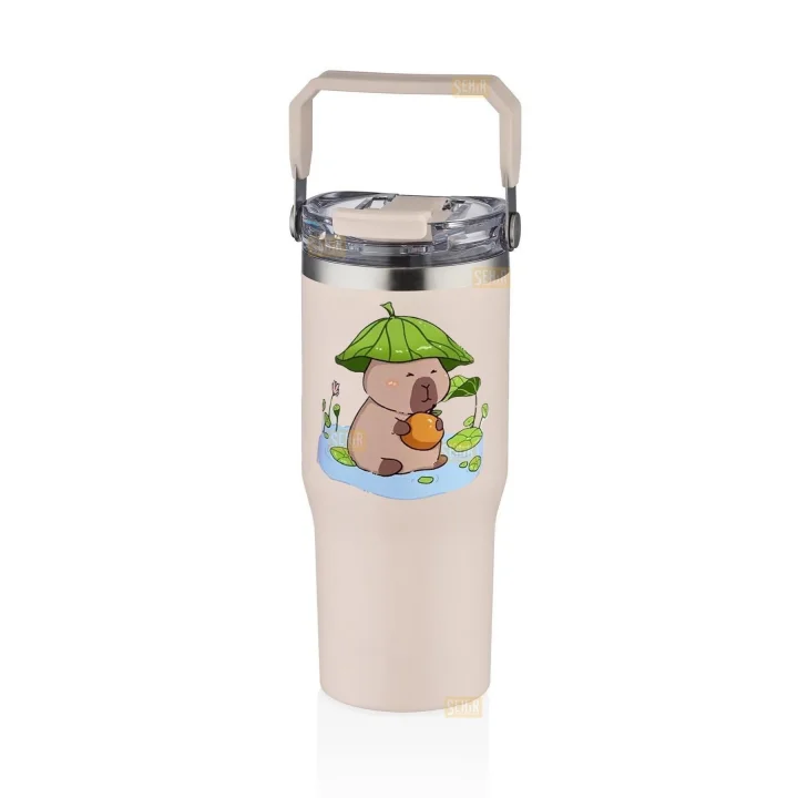 Diller 950ml Sevimli Kapibara Tumbler Pipetli/Pipetsiz Kullanım Kulplu Paslanmaz Çelik Capybara Termos