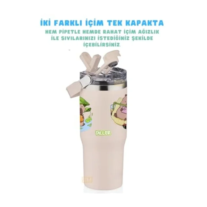Diller 950ml Sevimli Kapibara Tumbler Pipetli/Pipetsiz Kullanım Kulplu Paslanmaz Çelik Capybara Termos