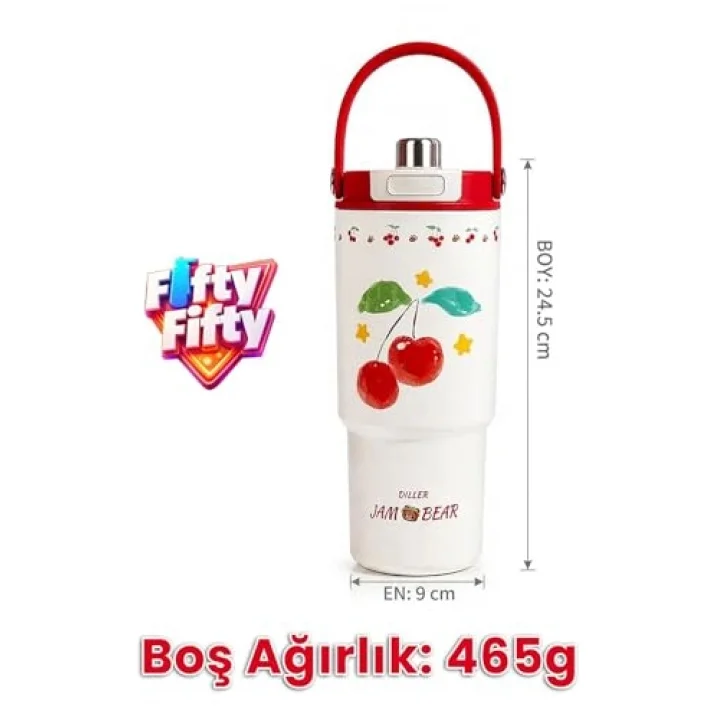 DILLER Tumbler 880 ML Tek Kapak Çift Kullanım Pipetli/Pipetsiz Taşıma Kulplu Çelik Termos-FFD9505-880ml