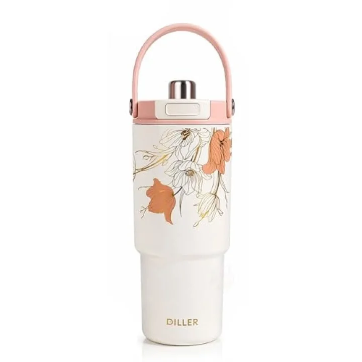 DILLER Tumbler 880 ML Tek Kapak Çift Kullanım Pipetli/Pipetsiz Taşıma Kulplu Çelik Termos-FFD9505-880ml