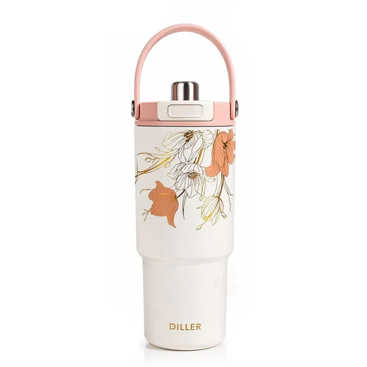 DILLER Tumbler 880 ML Tek Kapak Çift Kullanım Pipetli/Pipetsiz Taşıma Kulplu Çelik Termos-FFD9505-880ml