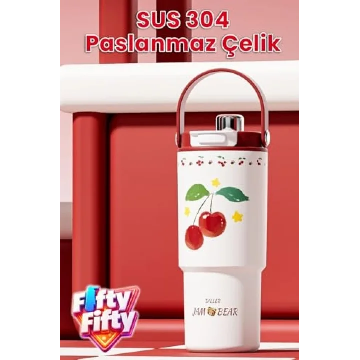 DILLER Tumbler 880 ML Tek Kapak Çift Kullanım Pipetli/Pipetsiz Taşıma Kulplu Çelik Termos-FFD9505-880ml