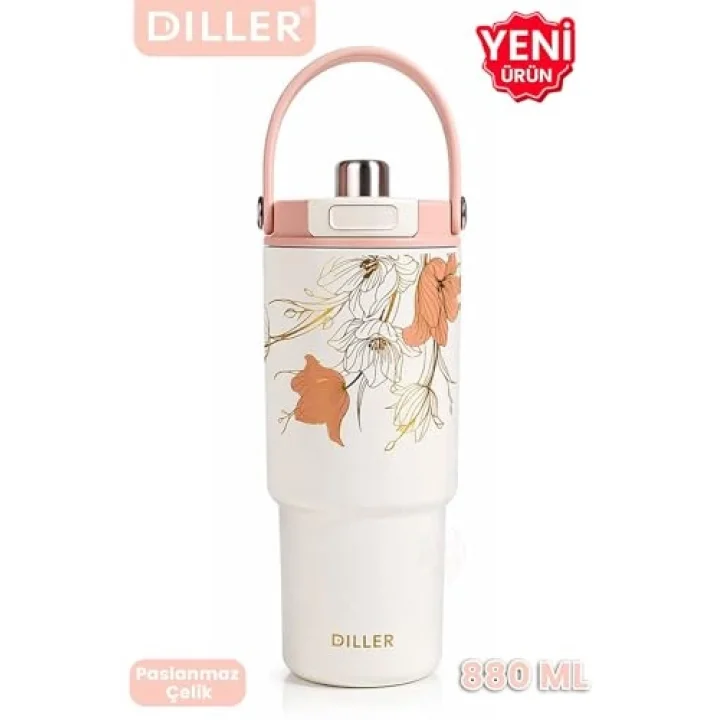 DILLER Tumbler 880 ML Tek Kapak Çift Kullanım Pipetli/Pipetsiz Taşıma Kulplu Çelik Termos-FFD9505-880ml