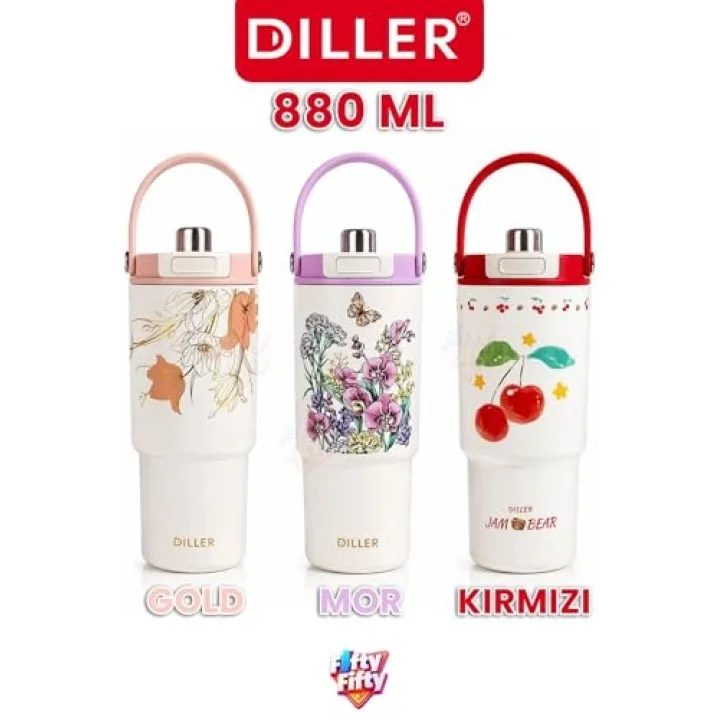 DILLER Tumbler 880 ML Tek Kapak Çift Kullanım Pipetli/Pipetsiz Taşıma Kulplu Çelik Termos-FFD9505-880ml