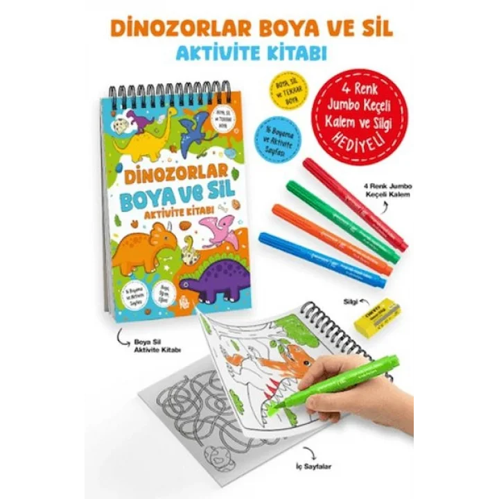 Dinozorlar - Boya ve Sil Aktivite Kitabı / 3 Yaş +